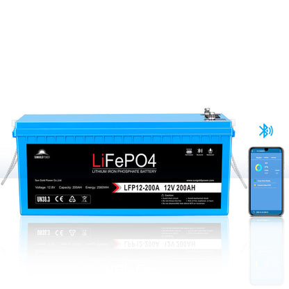 SunGoldPower 12V 200Ah LiFePo4 Deep Cycle Lithium Battery Bluetooth / Self-Heating / IP65