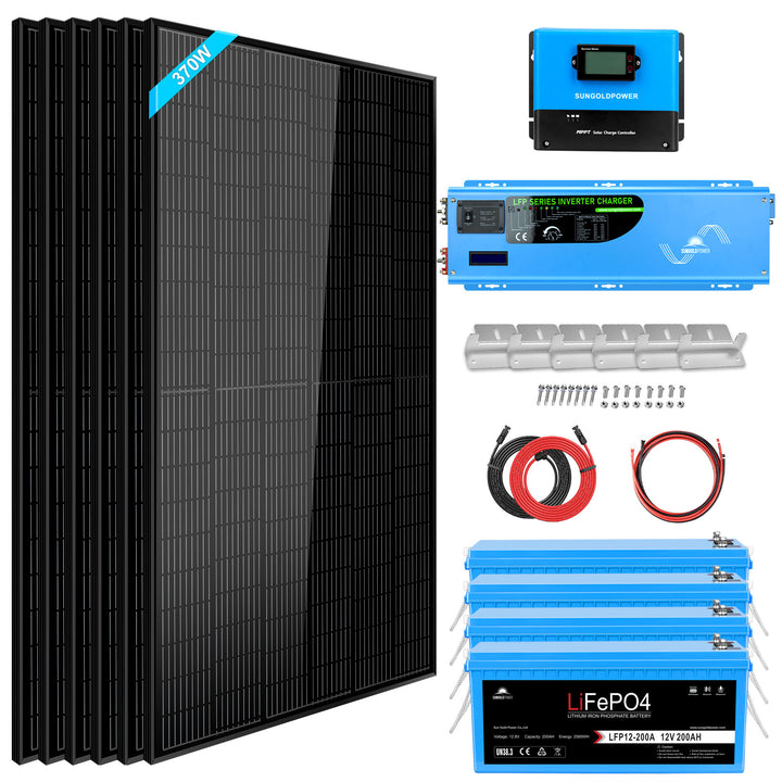 SunGoldPower Off Grid Solar Kit 6000W 24VDC 120V/240V LiFePO4 10.24KWH Lithium Battery 6 X 370 Watt Solar Panels SGK-PRO62