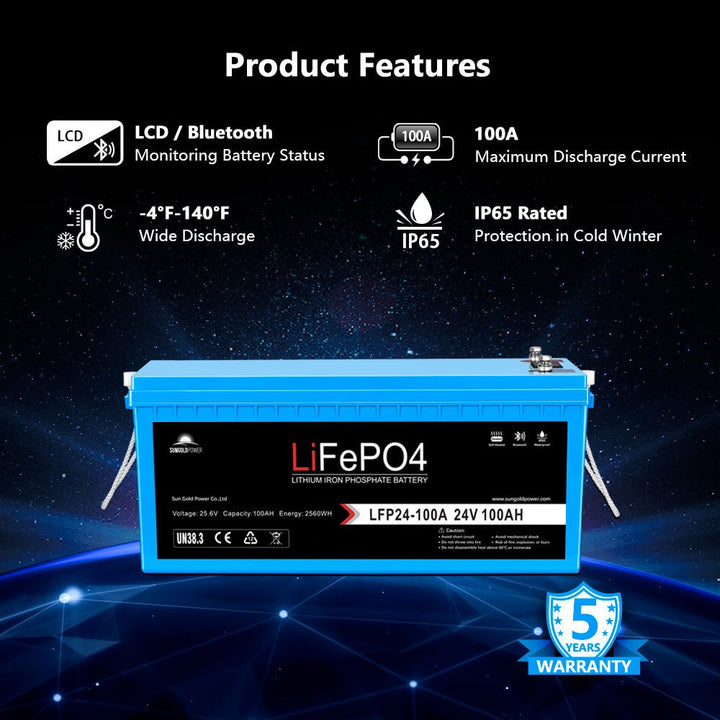 SunGoldPower 24V 100Ah LiFePo4 Deep Cycle Lithium Battery Bluetooth / Self-Heating / IP65