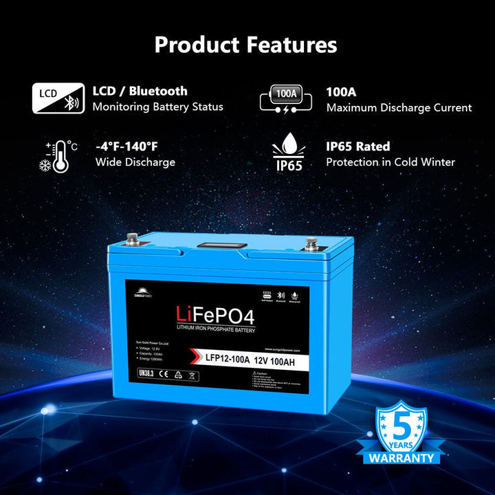 SunGoldPower 12V 100AH LiFePO4 Deep Cycle Lithium Battery / Bluetooth /Self-heating / IP65