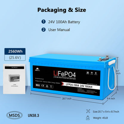 SunGoldPower 24V 100Ah LiFePo4 Deep Cycle Lithium Battery Bluetooth / Self-Heating / IP65