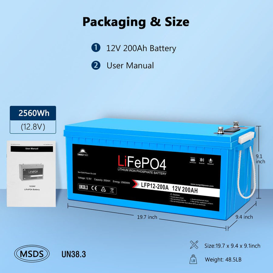 SunGoldPower 12V 200Ah LiFePo4 Deep Cycle Lithium Battery Bluetooth / Self-Heating / IP65