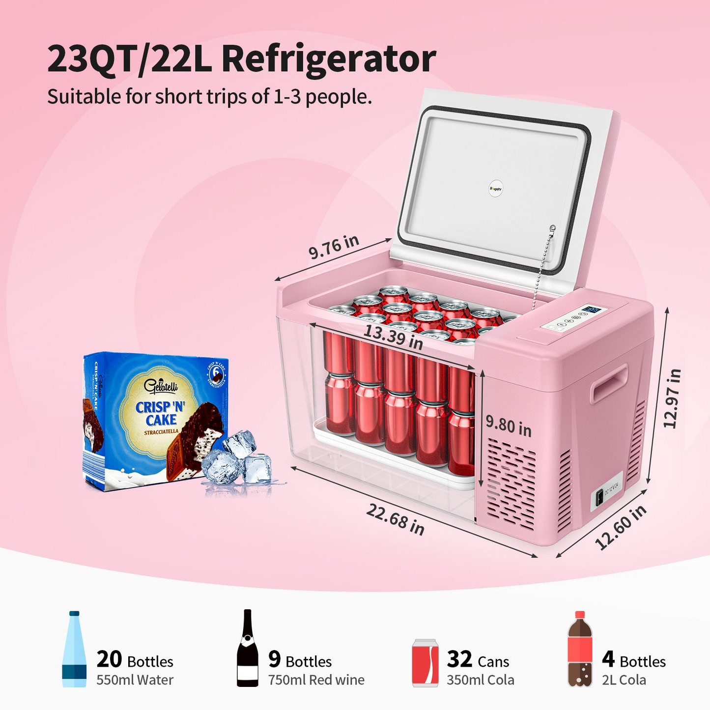 BougeRV 12V 23 Quart Colorful Pink Portable Mini Fridge